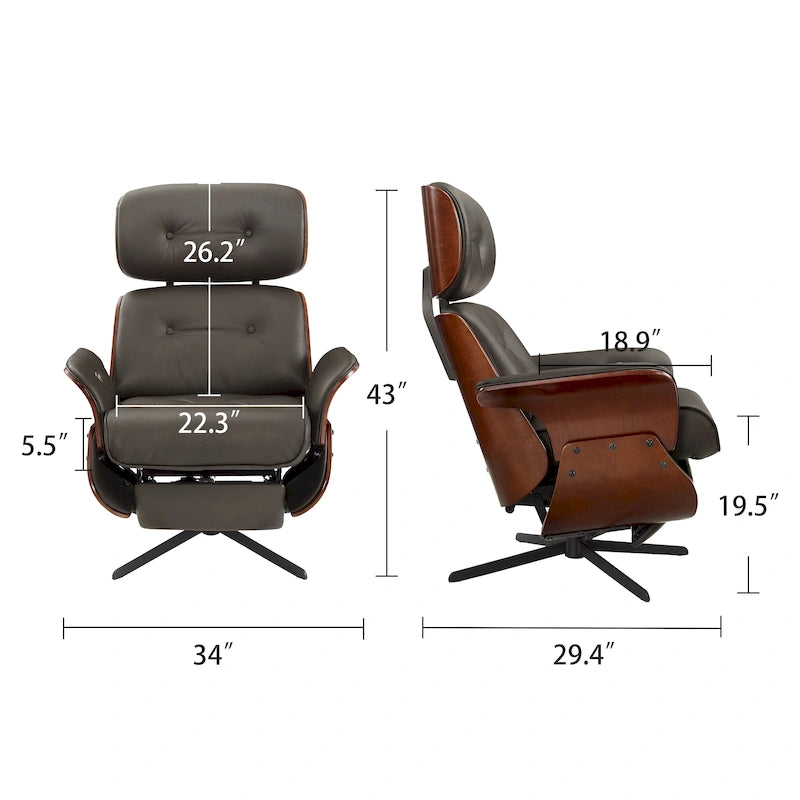 Fauteuil inclinable Art Leon en cuir véritable, style moderne du milieu du siècle