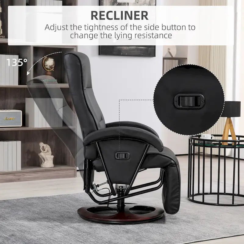 Fauteuil inclinable HOMCOM en PU avec repose-pieds, chaise longue avec dossier réglable à 135°, base pivotante en bois