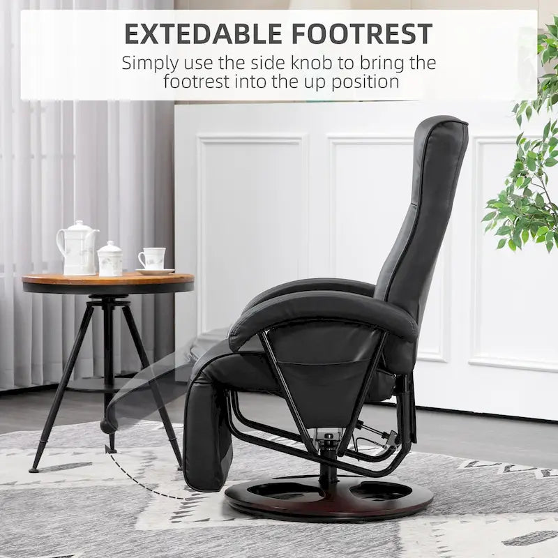 Fauteuil inclinable HOMCOM en PU avec repose-pieds, chaise longue avec dossier réglable à 135°, base pivotante en bois