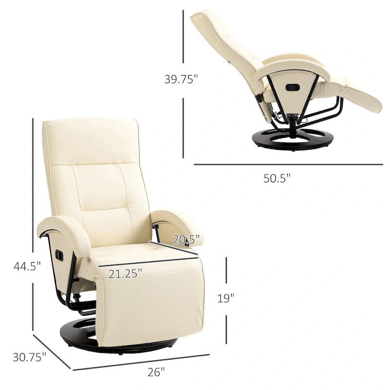 Fauteuil inclinable HOMCOM en PU avec repose-pieds, chaise longue avec dossier réglable à 135°, base pivotante en bois
