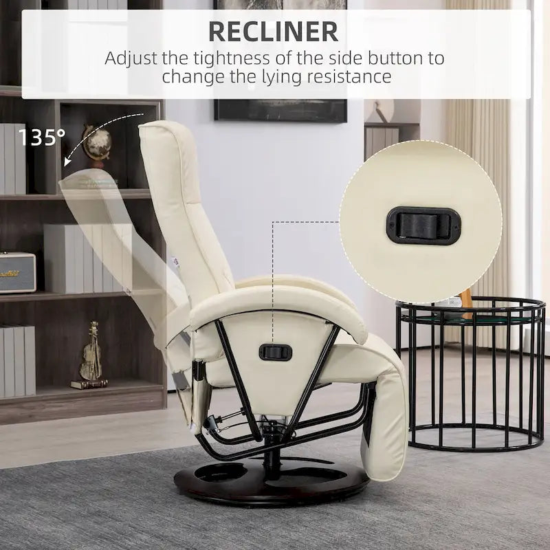 Fauteuil inclinable HOMCOM en PU avec repose-pieds, chaise longue avec dossier réglable à 135°, base pivotante en bois