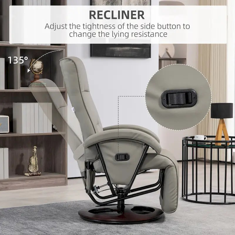 Fauteuil inclinable HOMCOM en PU avec repose-pieds, chaise longue avec dossier réglable à 135°, base pivotante en bois