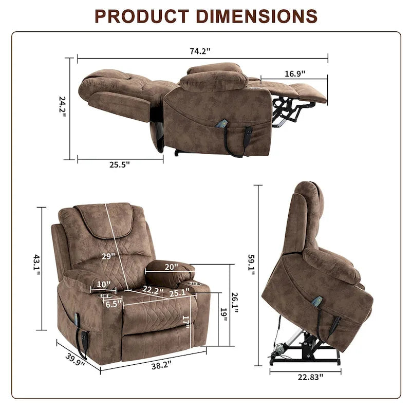 Fauteuil inclinable et releveur électrique haut de gamme avec double moteur à contrôle indépendant, grand format avec inclinaison à plat à 180°