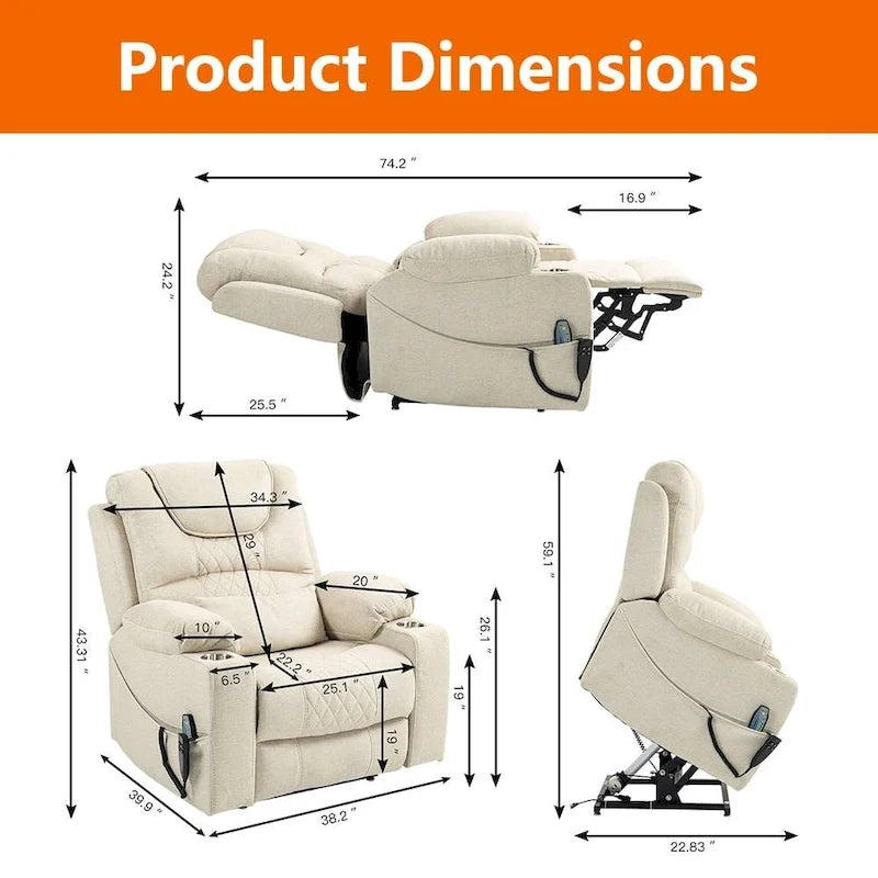 Fauteuil inclinable et releveur électrique haut de gamme avec double moteur à contrôle indépendant, grand format avec inclinaison à plat à 180°