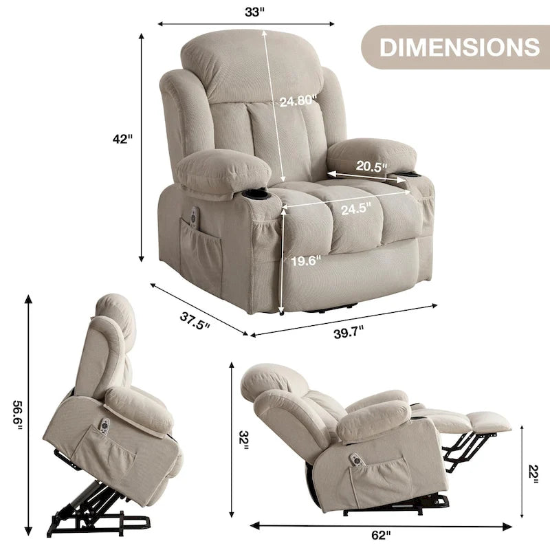 Fauteuils releveurs inclinables, Chaleur et massage, Port USB, Télécommande