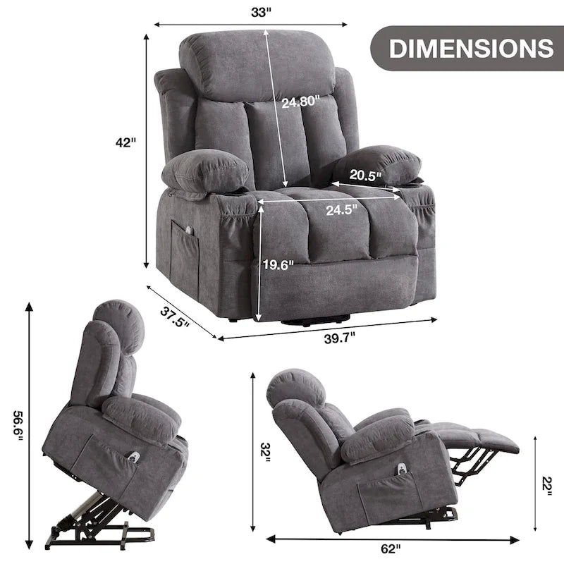 Fauteuils releveurs inclinables, Chaleur et massage, Port USB, Télécommande