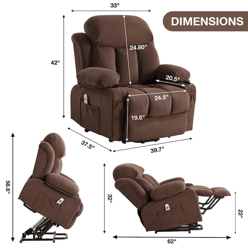Fauteuils releveurs inclinables, Chaleur et massage, Port USB, Télécommande