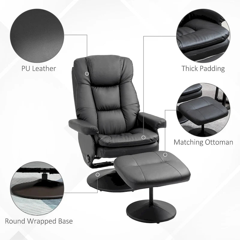 HOMCOM Fauteuil inclinable et ottoman avec base enveloppée, fauteuil inclinable pivotant en cuir PU avec repose-pieds pour le salon