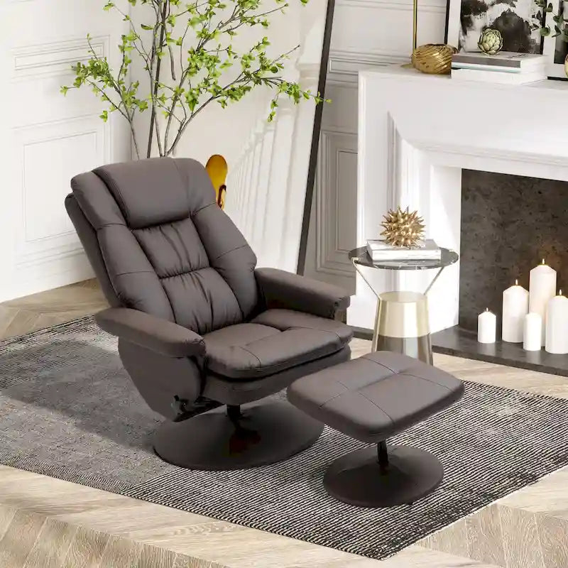 HOMCOM Fauteuil inclinable et ottoman avec base enveloppée, fauteuil inclinable pivotant en cuir PU avec repose-pieds pour le salon
