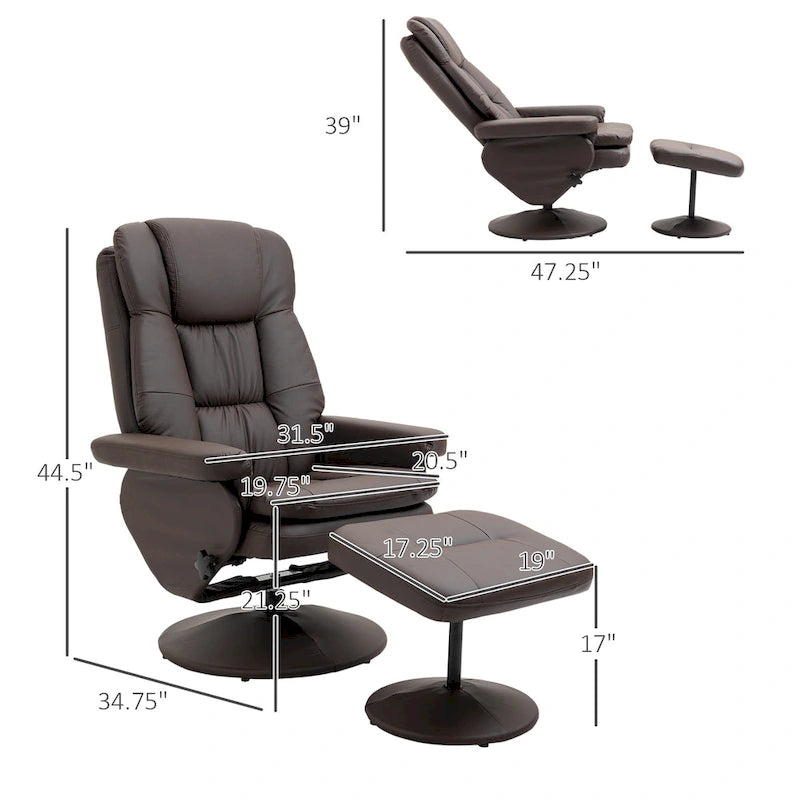 HOMCOM Fauteuil inclinable et ottoman avec base enveloppée, fauteuil inclinable pivotant en cuir PU avec repose-pieds pour le salon