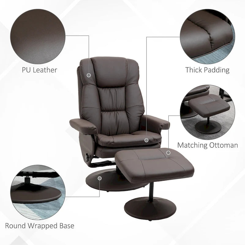 HOMCOM Fauteuil inclinable et ottoman avec base enveloppée, fauteuil inclinable pivotant en cuir PU avec repose-pieds pour le salon