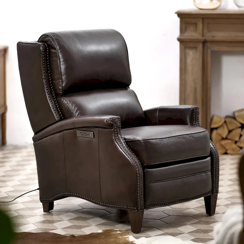 Fauteuil inclinable électrique en cuir véritable Hekkin avec appui-tête réglable et port USB, très confortable pour le salon