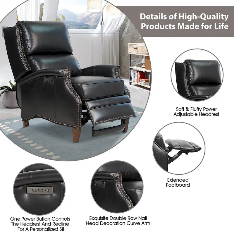 Fauteuil inclinable électrique en cuir véritable Hekkin avec appui-tête réglable et port USB, très confortable pour le salon
