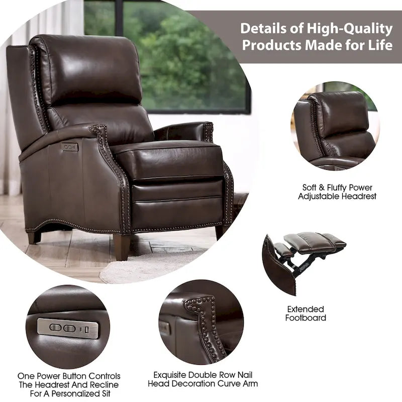 Fauteuil inclinable électrique en cuir véritable Hekkin avec appui-tête réglable et port USB, très confortable pour le salon