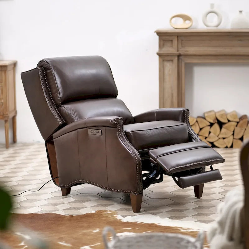 Fauteuil inclinable électrique en cuir véritable Hekkin avec appui-tête réglable et port USB, très confortable pour le salon