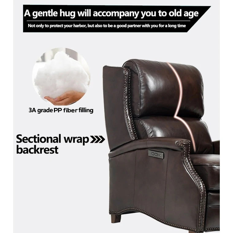 Fauteuil inclinable électrique en cuir véritable Hekkin avec appui-tête réglable et port USB, très confortable pour le salon