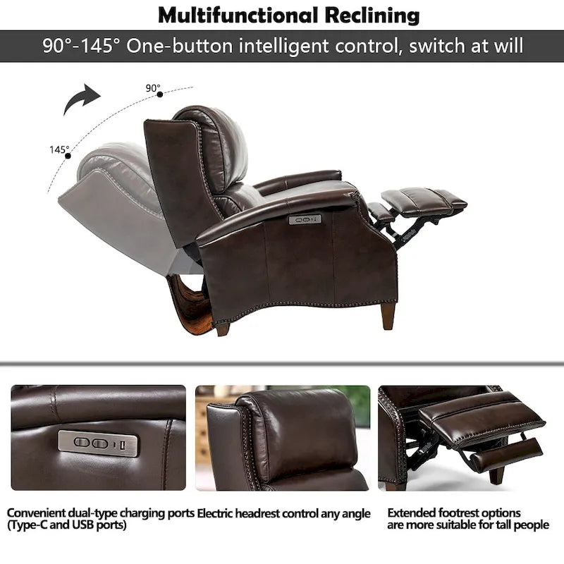 Fauteuil inclinable électrique en cuir véritable Hekkin avec appui-tête réglable et port USB, très confortable pour le salon