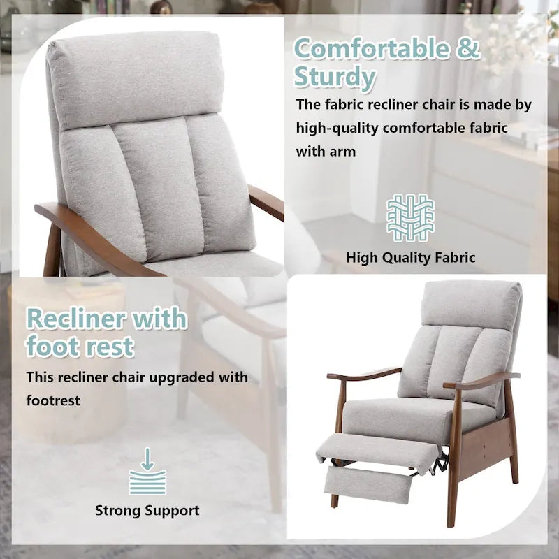 Fauteuil inclinable de salon HOMEFUN avec cadre en bois, rembourré en lin/cuir/microdaim
