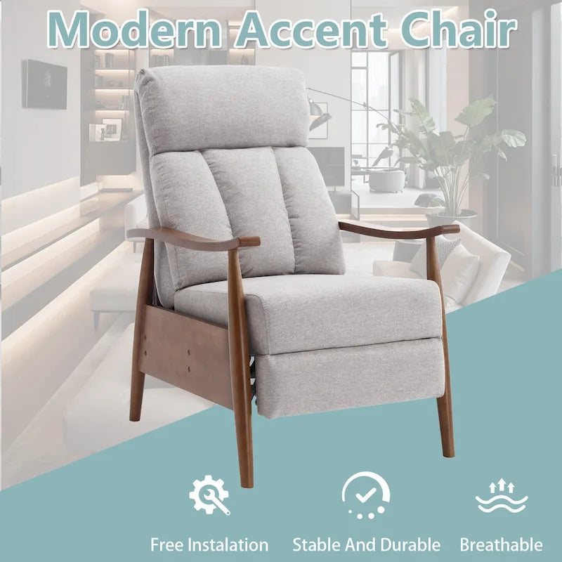 Fauteuil inclinable de salon HOMEFUN avec cadre en bois, rembourré en lin/cuir/microdaim