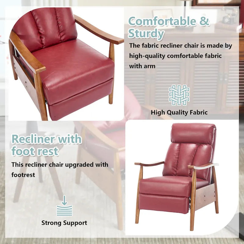 Fauteuil inclinable de salon HOMEFUN avec cadre en bois, rembourré en lin/cuir/microdaim