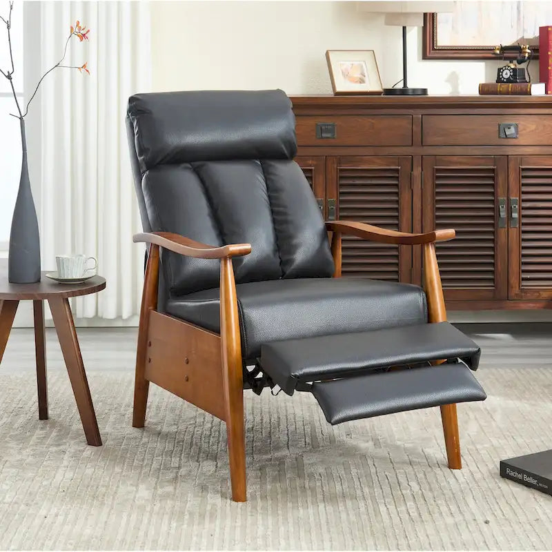 Fauteuil inclinable de salon HOMEFUN avec cadre en bois, rembourré en lin/cuir/microdaim