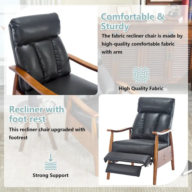 Fauteuil inclinable de salon HOMEFUN avec cadre en bois, rembourré en lin/cuir/microdaim