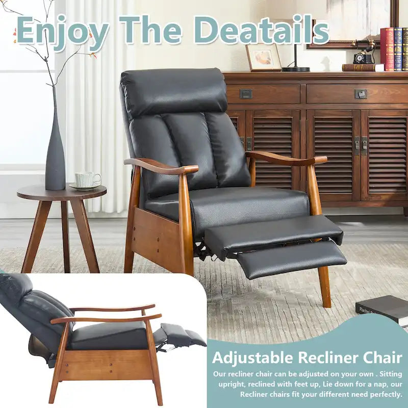 Fauteuil inclinable de salon HOMEFUN avec cadre en bois, rembourré en lin/cuir/microdaim