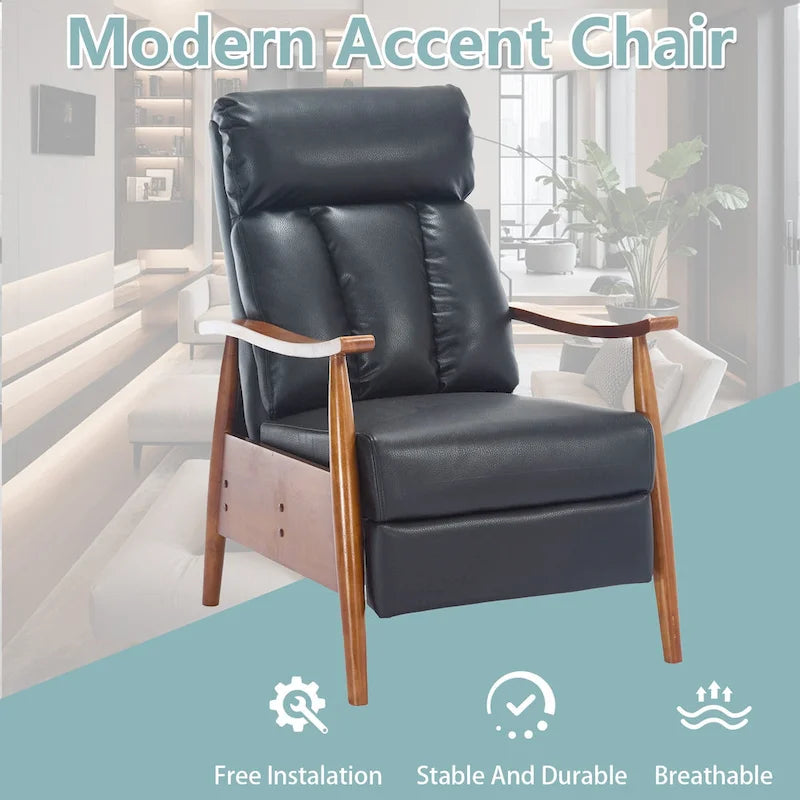 Fauteuil inclinable de salon HOMEFUN avec cadre en bois, rembourré en lin/cuir/microdaim