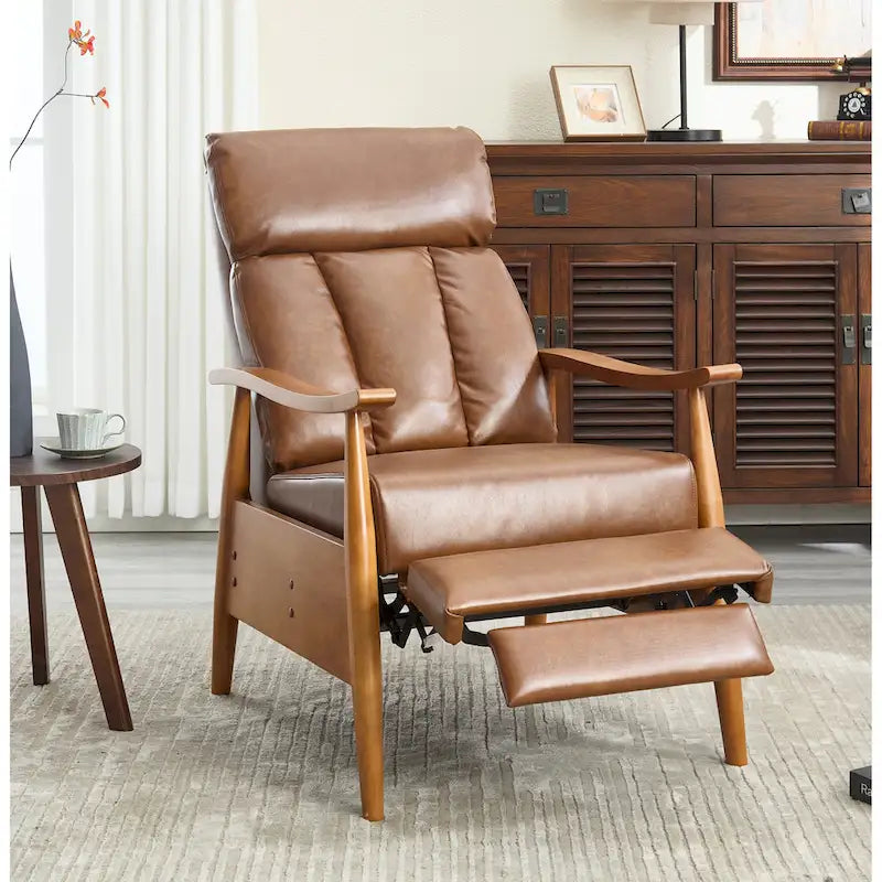 Fauteuil inclinable de salon HOMEFUN avec cadre en bois, rembourré en lin/cuir/microdaim