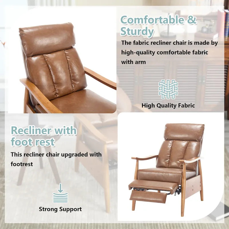 Fauteuil inclinable de salon HOMEFUN avec cadre en bois, rembourré en lin/cuir/microdaim