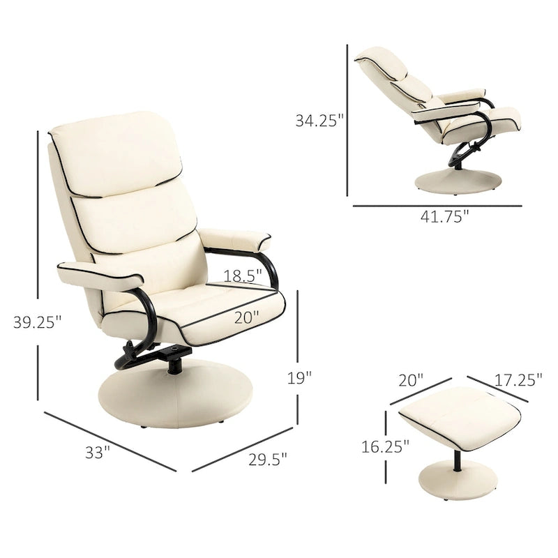 Fauteuil inclinable HOMCOM avec pouf, Fauteuil à dossier haut pivotant en cuir PU avec repose-pieds, Dossier réglable à 135°