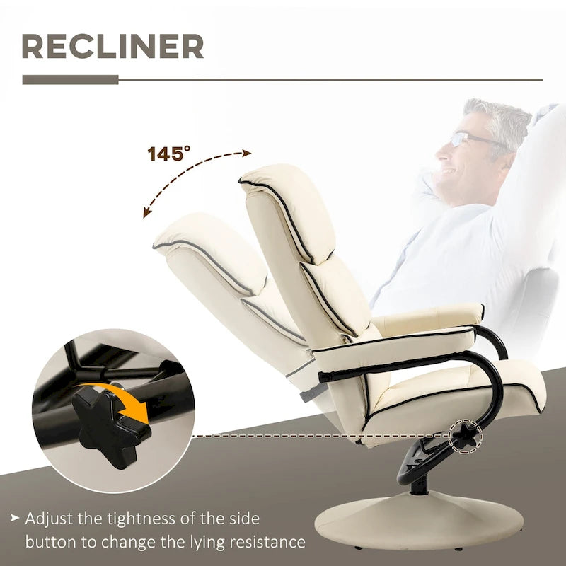 Fauteuil inclinable HOMCOM avec pouf, Fauteuil à dossier haut pivotant en cuir PU avec repose-pieds, Dossier réglable à 135°