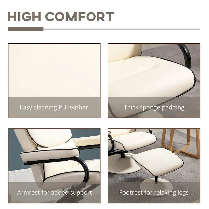 Fauteuil inclinable HOMCOM avec pouf, Fauteuil à dossier haut pivotant en cuir PU avec repose-pieds, Dossier réglable à 135°