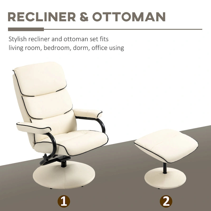 Fauteuil inclinable HOMCOM avec pouf, Fauteuil à dossier haut pivotant en cuir PU avec repose-pieds, Dossier réglable à 135°