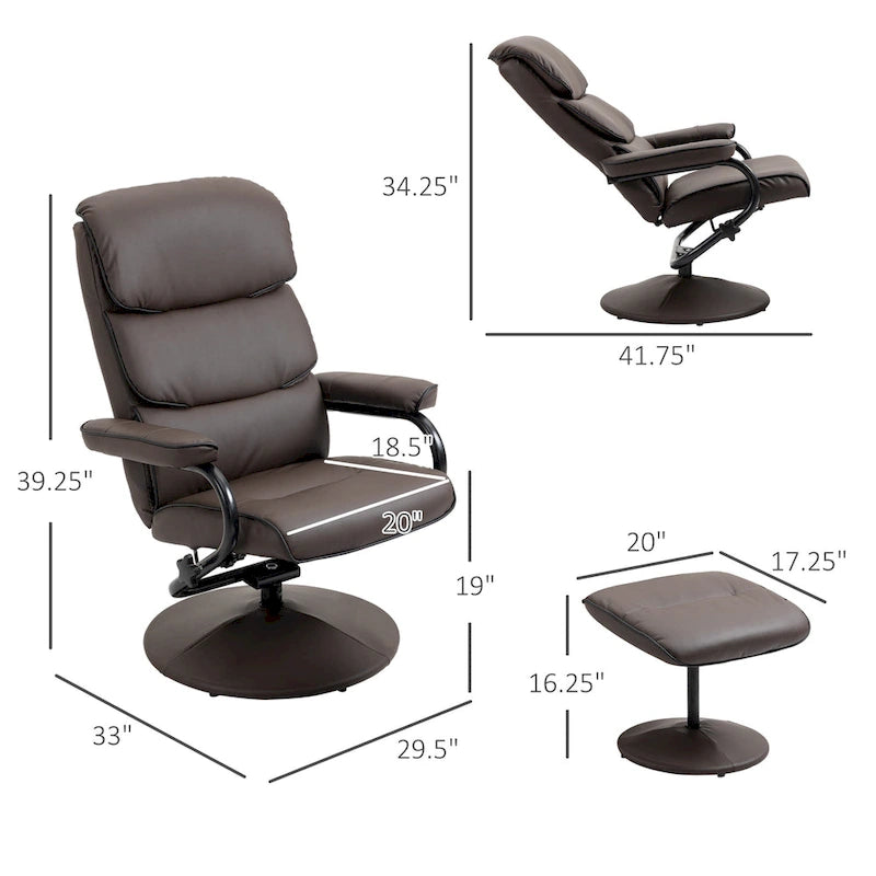 Fauteuil inclinable HOMCOM avec pouf, Fauteuil à dossier haut pivotant en cuir PU avec repose-pieds, Dossier réglable à 135°