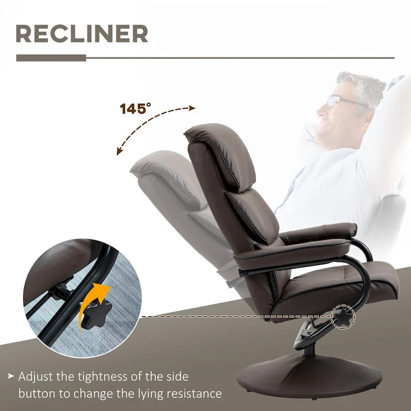 Fauteuil inclinable HOMCOM avec pouf, Fauteuil à dossier haut pivotant en cuir PU avec repose-pieds, Dossier réglable à 135°