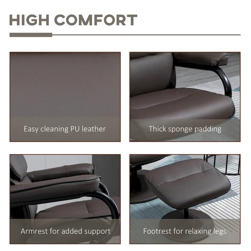 Fauteuil inclinable HOMCOM avec pouf, Fauteuil à dossier haut pivotant en cuir PU avec repose-pieds, Dossier réglable à 135°