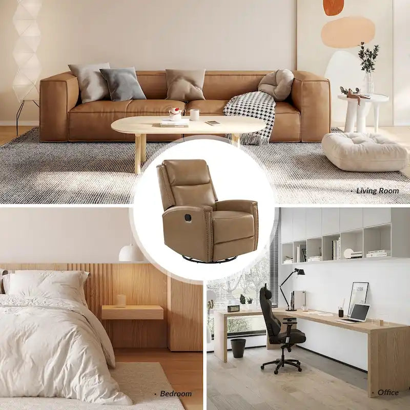 Fauteuil inclinable, pivotant et à bascule moderne Fiacro 30.31W à dossier haut en cuir véritable avec clous de finition