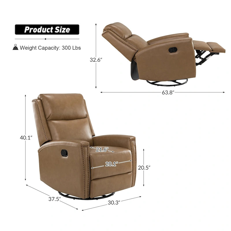 Fauteuil inclinable, pivotant et à bascule moderne Fiacro 30.31W à dossier haut en cuir véritable avec clous de finition