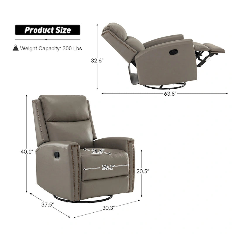 Fauteuil inclinable, pivotant et à bascule moderne Fiacro 30.31W à dossier haut en cuir véritable avec clous de finition