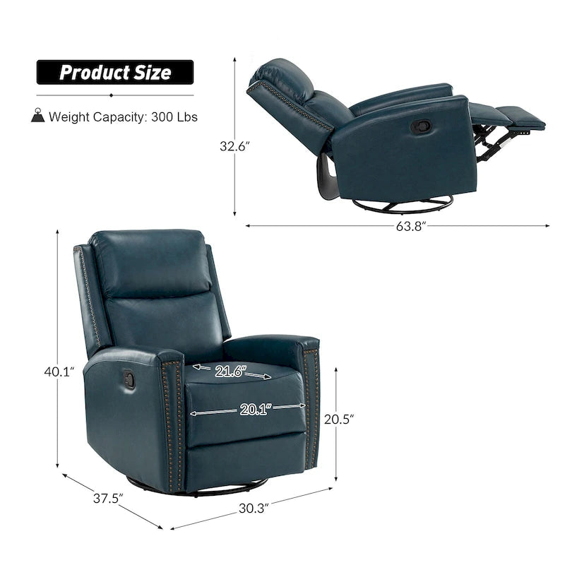 Fauteuil inclinable, pivotant et à bascule moderne Fiacro 30.31W à dossier haut en cuir véritable avec clous de finition