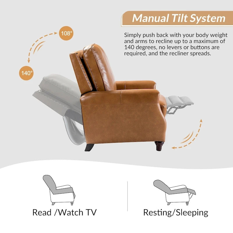 Fauteuil inclinable en cuir véritable de style Mid-century Modern "Cigar" avec garniture cloutée par HULALA HOME