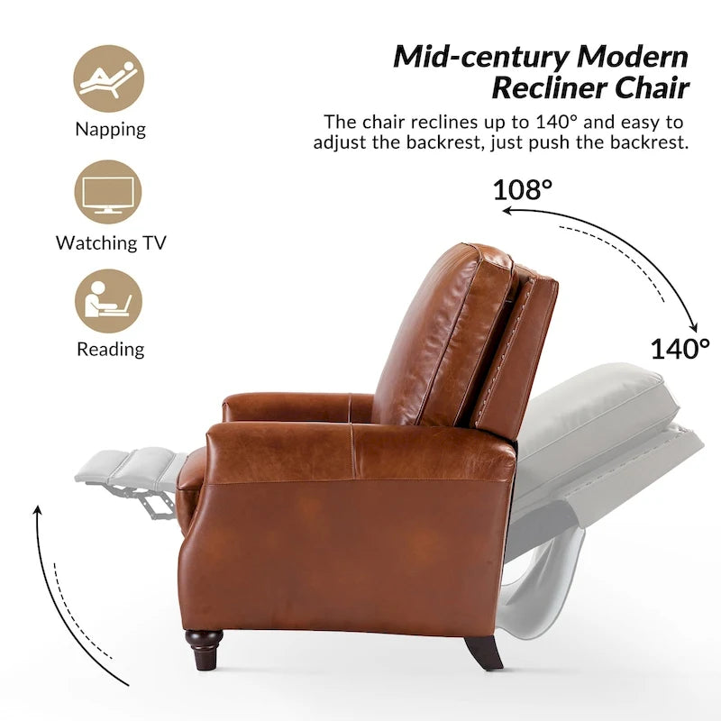 Fauteuil inclinable en cuir véritable de style Mid-century Modern "Cigar" avec garniture cloutée par HULALA HOME