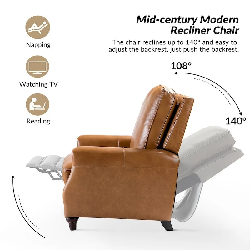 Fauteuil inclinable en cuir véritable de style Mid-century Modern "Cigar" avec garniture cloutée par HULALA HOME