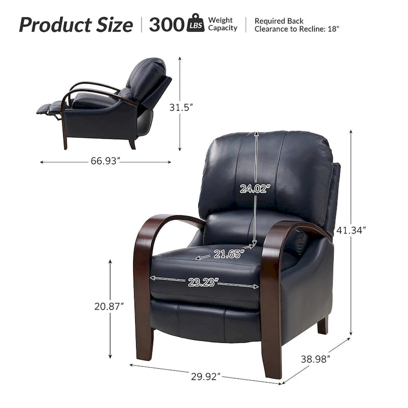 Fauteuil inclinable manuel Alex Mid-century Modern Cigar en cuir véritable avec accoudoirs incurvés en bois