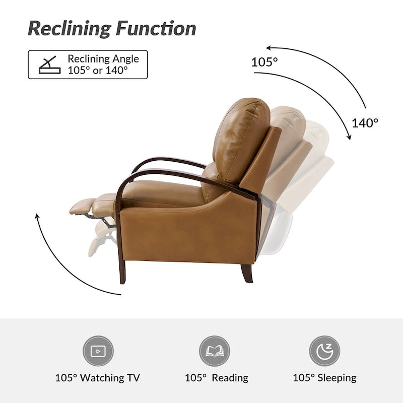 Fauteuil inclinable manuel Alex Mid-century Modern Cigar en cuir véritable avec accoudoirs incurvés en bois