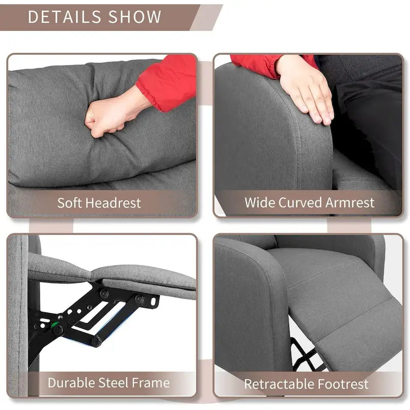 Fauteuil inclinable en tissu avec fonction massage, réglable pour Home Cinéma ou salon, design moderne, une place