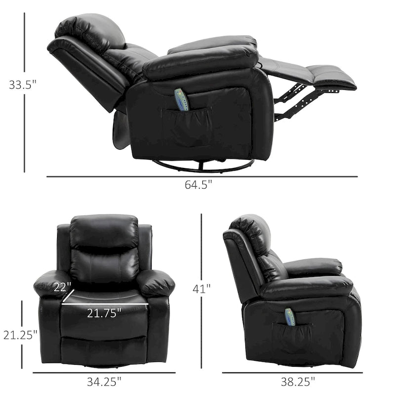 Fauteuil inclinable de massage en cuir PU HOMCOM, fauteuil berçant pivotant avec télécommande, repose-pieds, siège rembourré pour salon