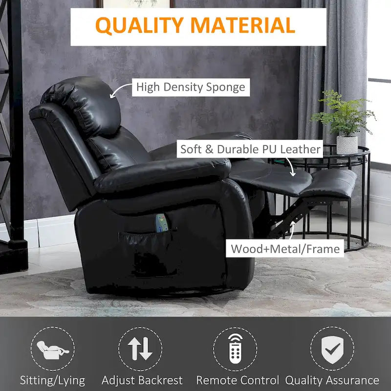 Fauteuil inclinable de massage en cuir PU HOMCOM, fauteuil berçant pivotant avec télécommande, repose-pieds, siège rembourré pour salon