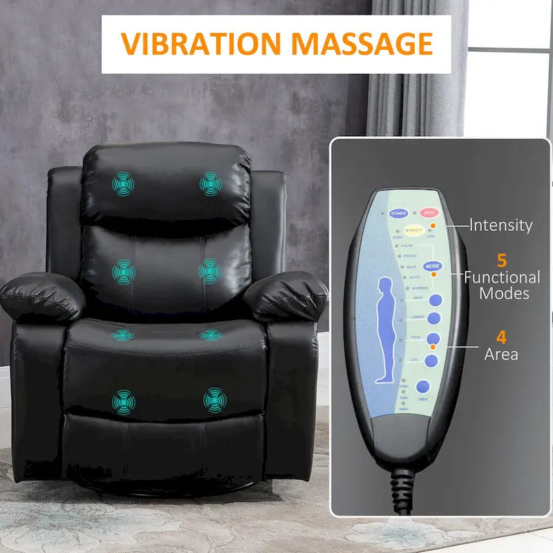 Fauteuil inclinable de massage en cuir PU HOMCOM, fauteuil berçant pivotant avec télécommande, repose-pieds, siège rembourré pour salon